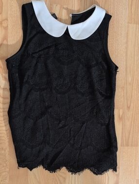 INC International Concepts Black Eyelash Lace Peter Pan Collar Blouse Size 2P